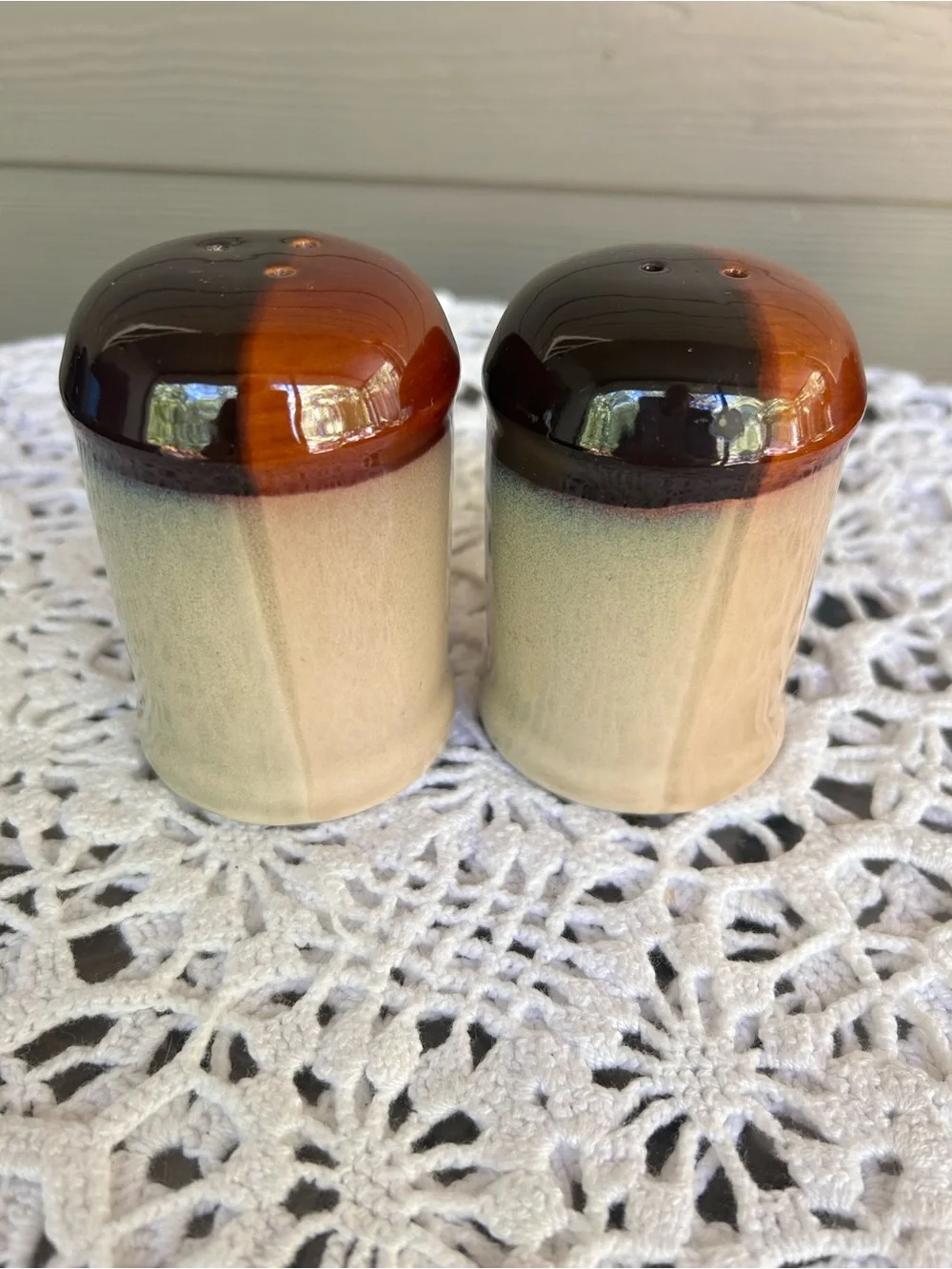 Glazed Ceramic Salt and Pepper Shakers in Brown and Cream